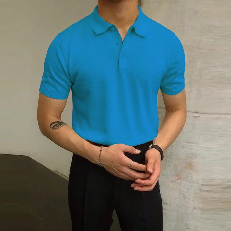 Fashion Slim Short Sleeve Mens Knit Tops Turn-down Collar Buttoned Casual Breathable Knitting Polo Shirt For Men Summer T Shirt