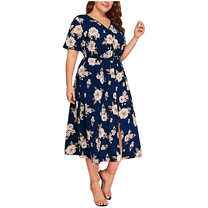 Plus Size Dresses Women Boho Beach Flower Print Midi Dress High Split Casual Dress Plus Size Women's Clothing - Jointcorp