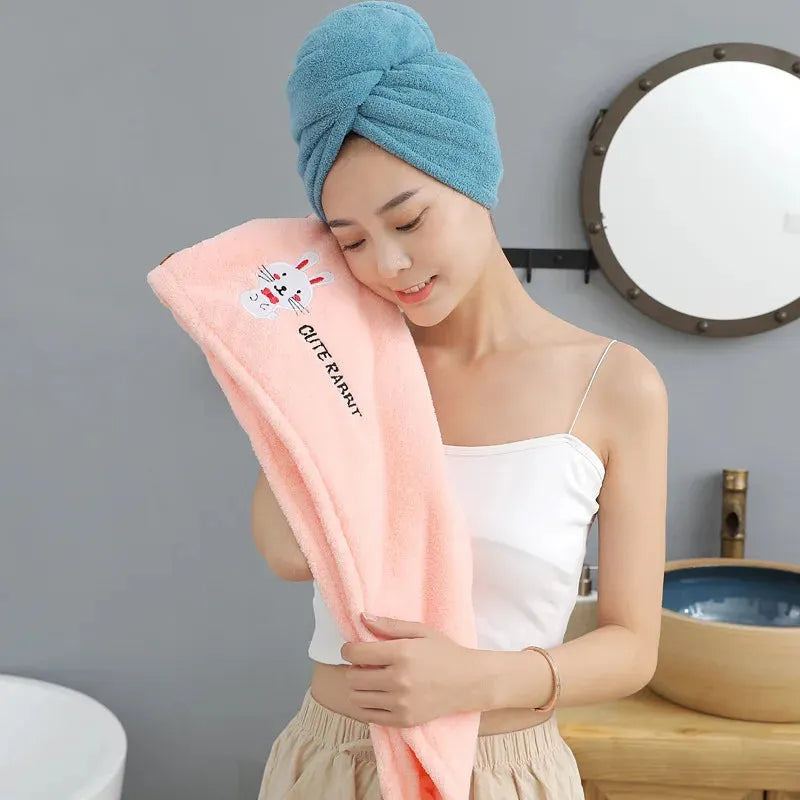 Cute Animal Embroidery Absorbent Shower Cap Coral Fleece Hair Drying Cap Towel Women Thicken Quick-Dry Turban Bathroom
