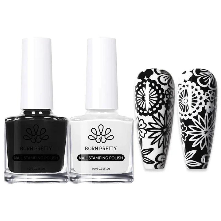 BORN PRETTY 2Pcs/Set 10ML Black White Nail Stamping Polish Varnish Gold Silver for Nail Art Plates Stamp Oil Stamping Series