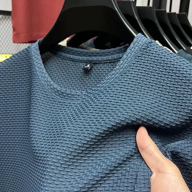 2024 New Bamboo Node Mesh Ice Silk Short Sleeves Men's Round Neck T-Shirt Trendy Brand Base Layer Summer Top Clothing