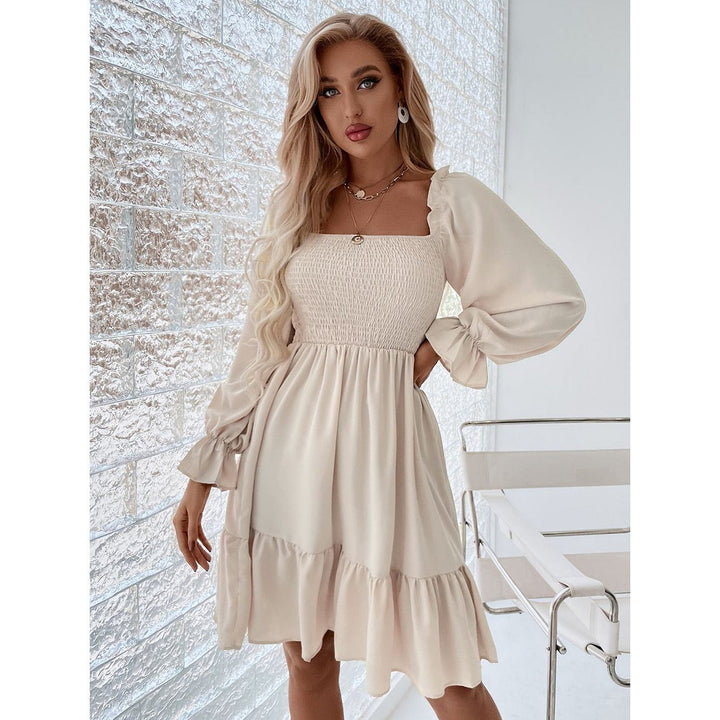 Womens Long Sleeve Tunic Dress Casual V Neck Loose Layer Ruffle Tiered Dress A-Line Solid Color Vintage dresses - Jointcorp