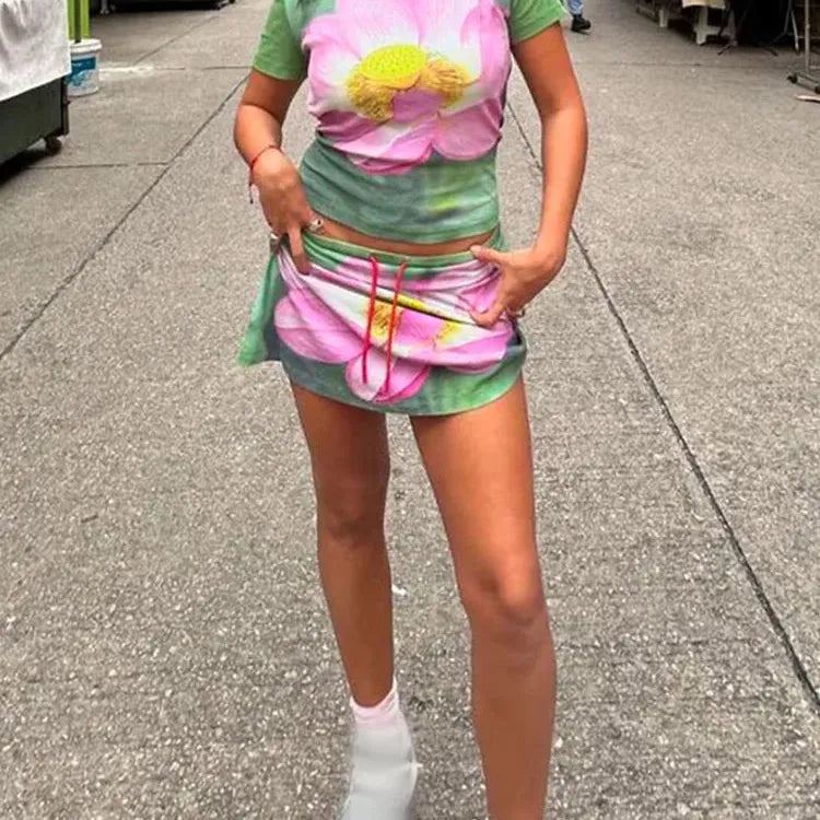 Women Fashion Print 2 Piece Skirt Sets Chic O Neck Half Sleeve T-shirt Sports New In Matching Sets Lady Summer Y2k Street Outfit