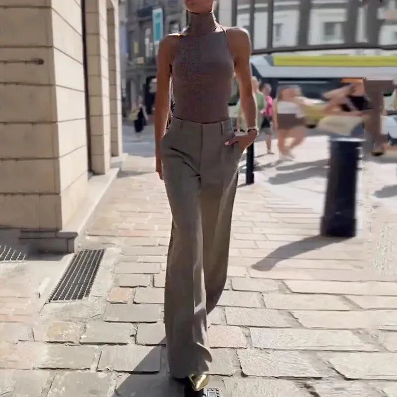 Women Two Piece Set Fashion Simple Solid Sleeveless Turtleneck Slim Tank Top Loose With Pockets Pants Sets Streetwear