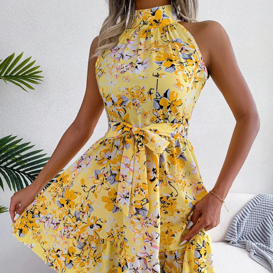 Large Floral Dress for Women Lace Up Ruffle Hem