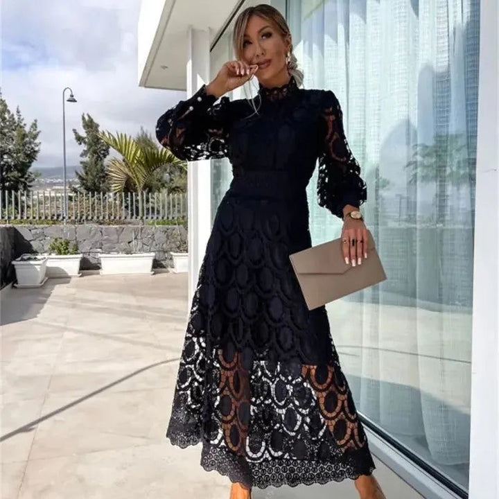 Women Fashion Dress Long Sleeved Lace Splicing Crochet embroidery Solid Color Hollowed out A Ling Long Dress