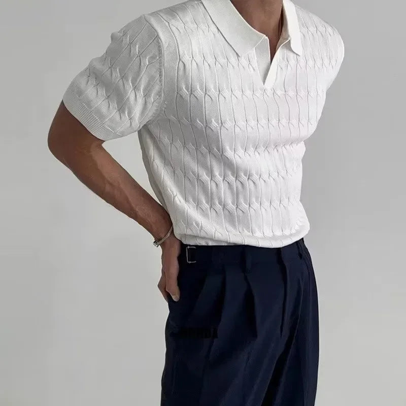 Luxury Summer Solid Casual Polo Shirts Men Sexy Slim Fit V-Neck Knitted Tops Men's Jacquard Short Sleeve Shirts Leisure Knitwear