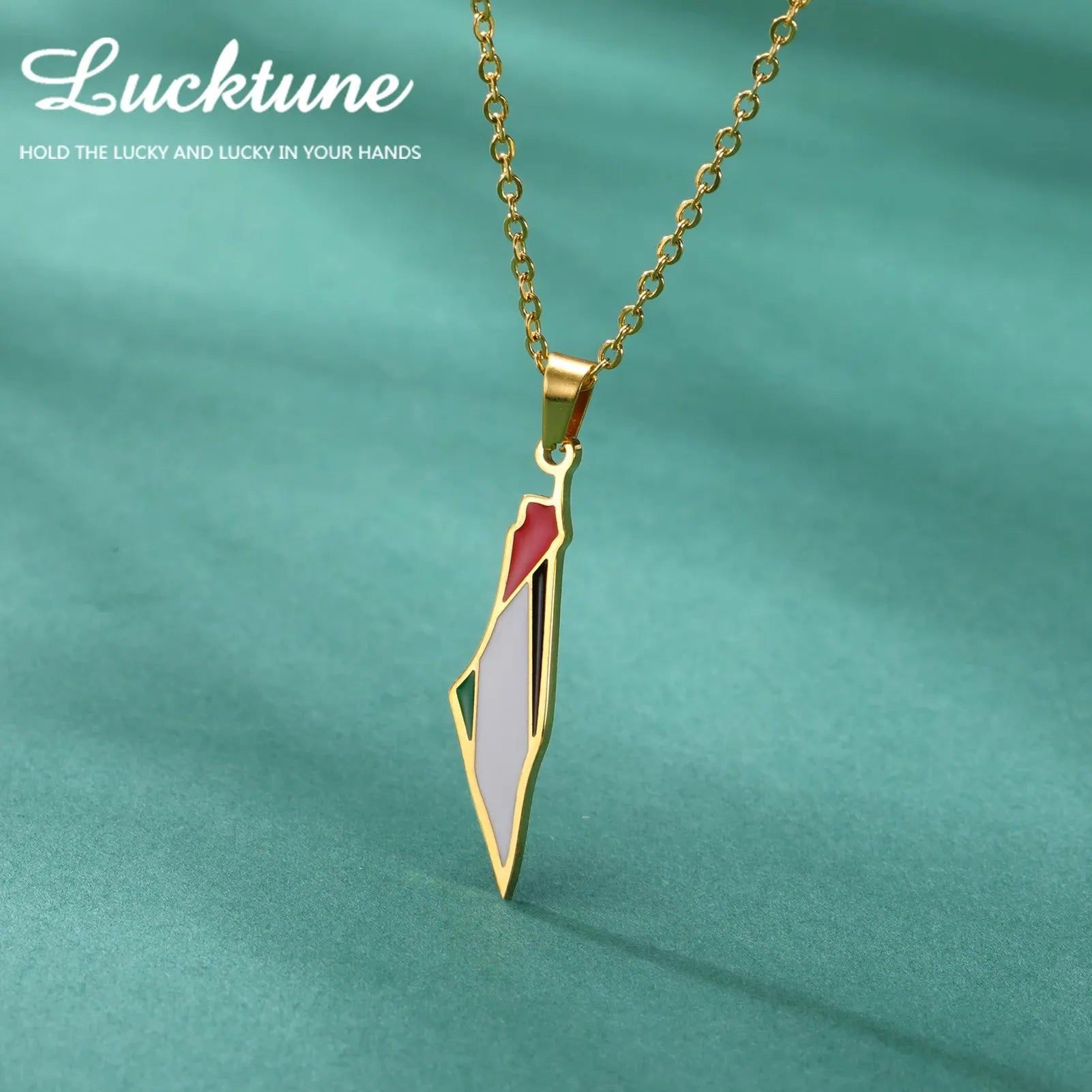 Lucktune Palestine Flag Map Enamel Pendant Necklace for Women Men Stainless Steel Map Geography Chain Necklace Jewelry Gift New