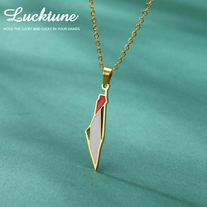 Lucktune Palestine Flag Map Enamel Pendant Necklace for Women Men Stainless Steel Map Geography Chain Necklace Jewelry Gift New