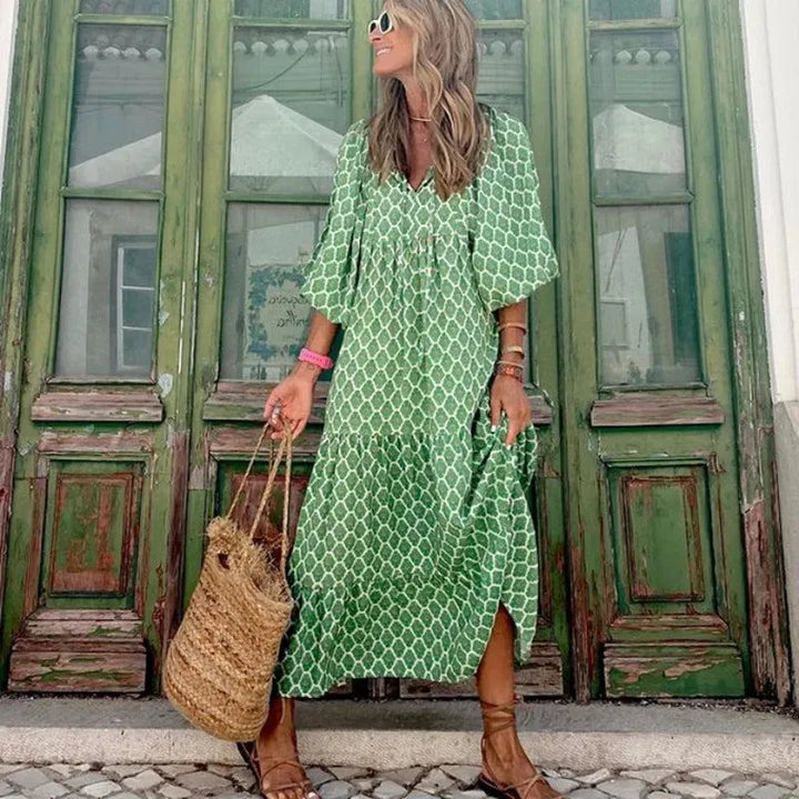 Women Summer 2024 Casual Floral Drawstring V-Neck Puff Sleeve Boho Maxi Dress Elegant Loose Holiday Beach Dresses Party Vestidos