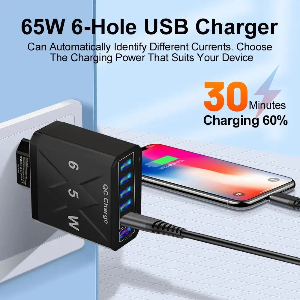 3.1A USB Fast Phone Charger Adapter 6 In1 Mulit Plug Travel Charger For iPhone 13 12 Samsung Xiaomi QC3.0 Quick Charger