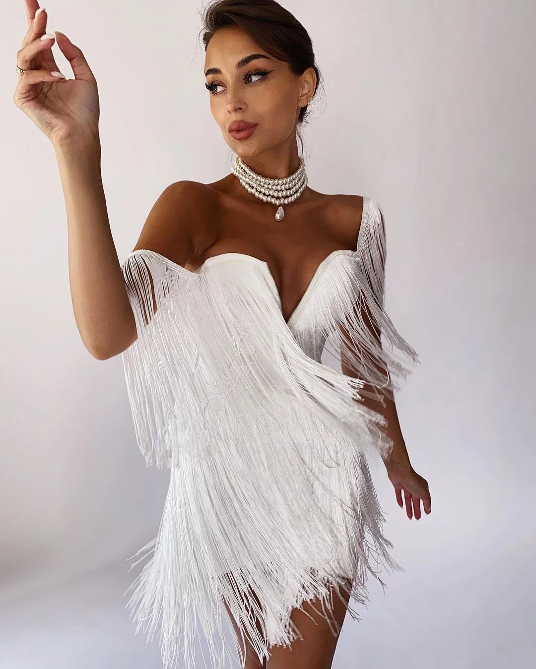CIEMIILI New Women Fashion Tassel Bandage Dress Sexy V Neck Off Shoulder Bodycon Nightclub Celebrity Female Party Mini Dresses