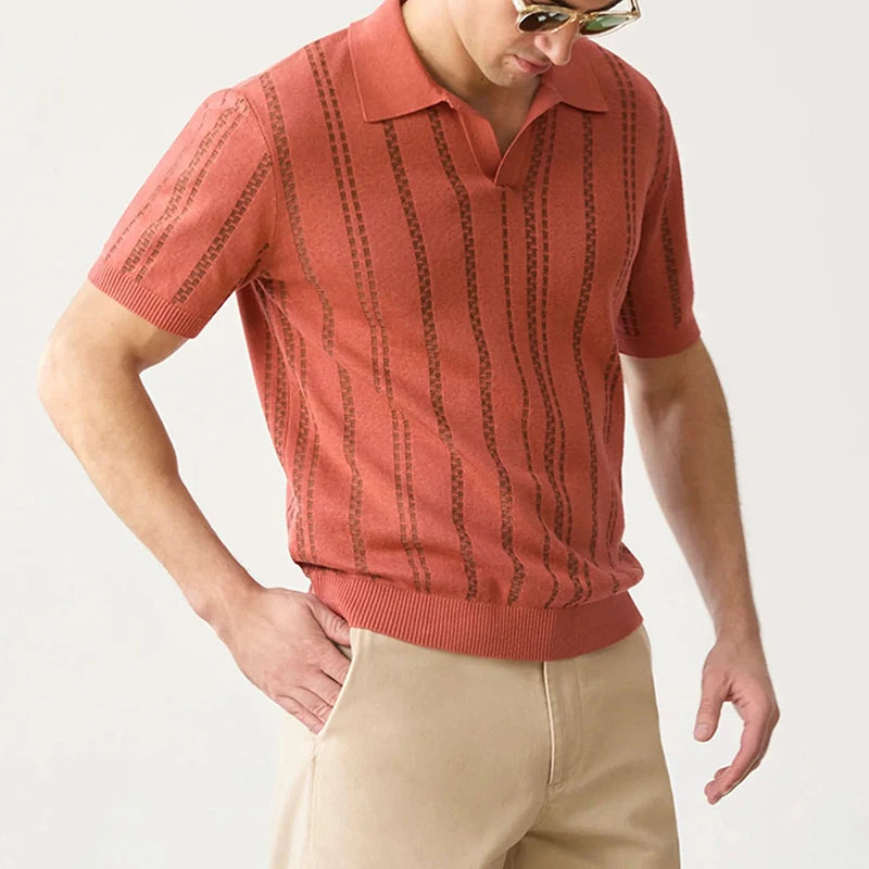 Casual Ice Silk Knitted Mens Polo Shirts Slim Fit Short Sleeve Turn-down Collar Knit Tops Summer Fashion Striped Knitting Tees
