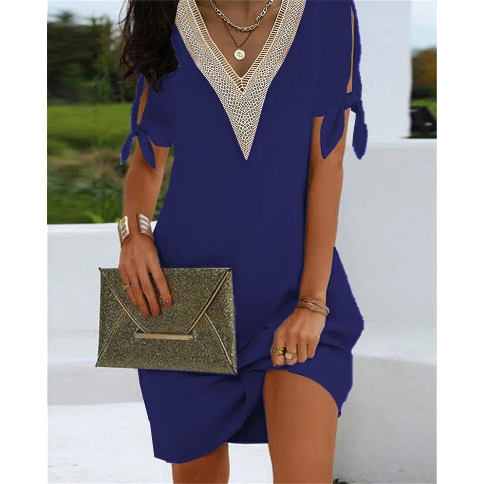 Dresses Elegant Lace Decoration V Neck Pullover for Women Summer Bow Tie Lace-up Split Short Sleeve Vintage dresses - Jointcorp