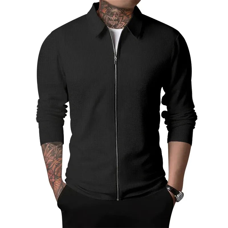 Spring and autumn 2023 new men's Sportswear, zippered long sleeved polo shirt+polyester fiber, solid checkered