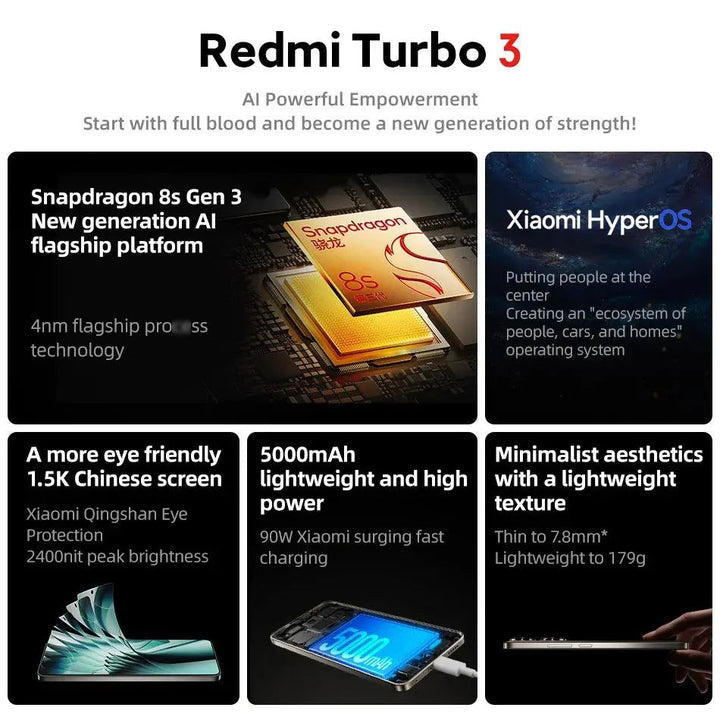 Xiaomi Redmi Turbo 3 NFC Mobile Phone 120Hz 1.5K Screen Snapdragon 8s Gen 3 Octa Core 50MP Camera 5000mAh Battery China Version