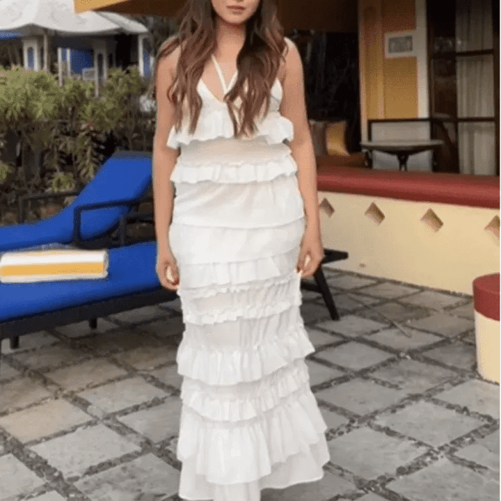 Women Elegant Solid Layered Ruffles Sling Maxi Dress Sexy V-neck Backless Sleeveless Slim Robe Summer Lady Holiday Vestidos ﻿