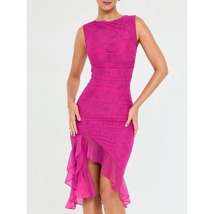 Mozision Elegant Ruffle Ruched Midi Dress For Women Robe Summer New Backless Sleeveless Vintage dresses - Jointcorp