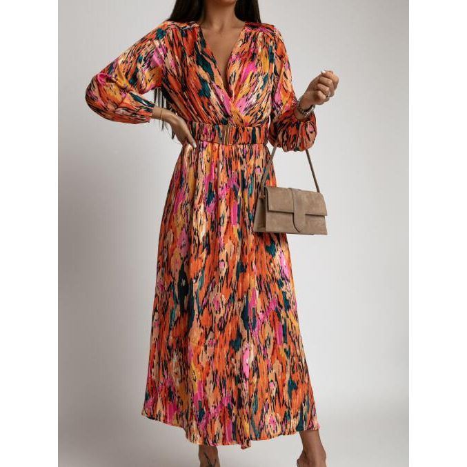 Dress Women Boho Floral Print Long Sexy Deep V-Neck Long Sleeve High Split Swing Dress with Belt Vintage dresses - Jointcorp
