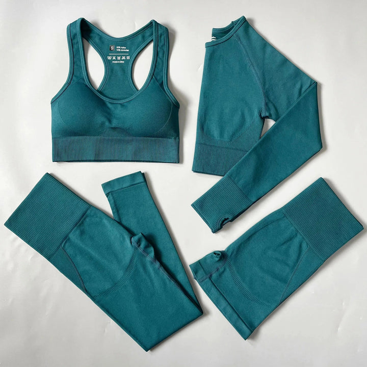 2PCS Seamless Women Yoga Set Workout Sportswear Gym Clothes Fitness Long Sleeve Crop Top High Waist Leggings Sports Suit