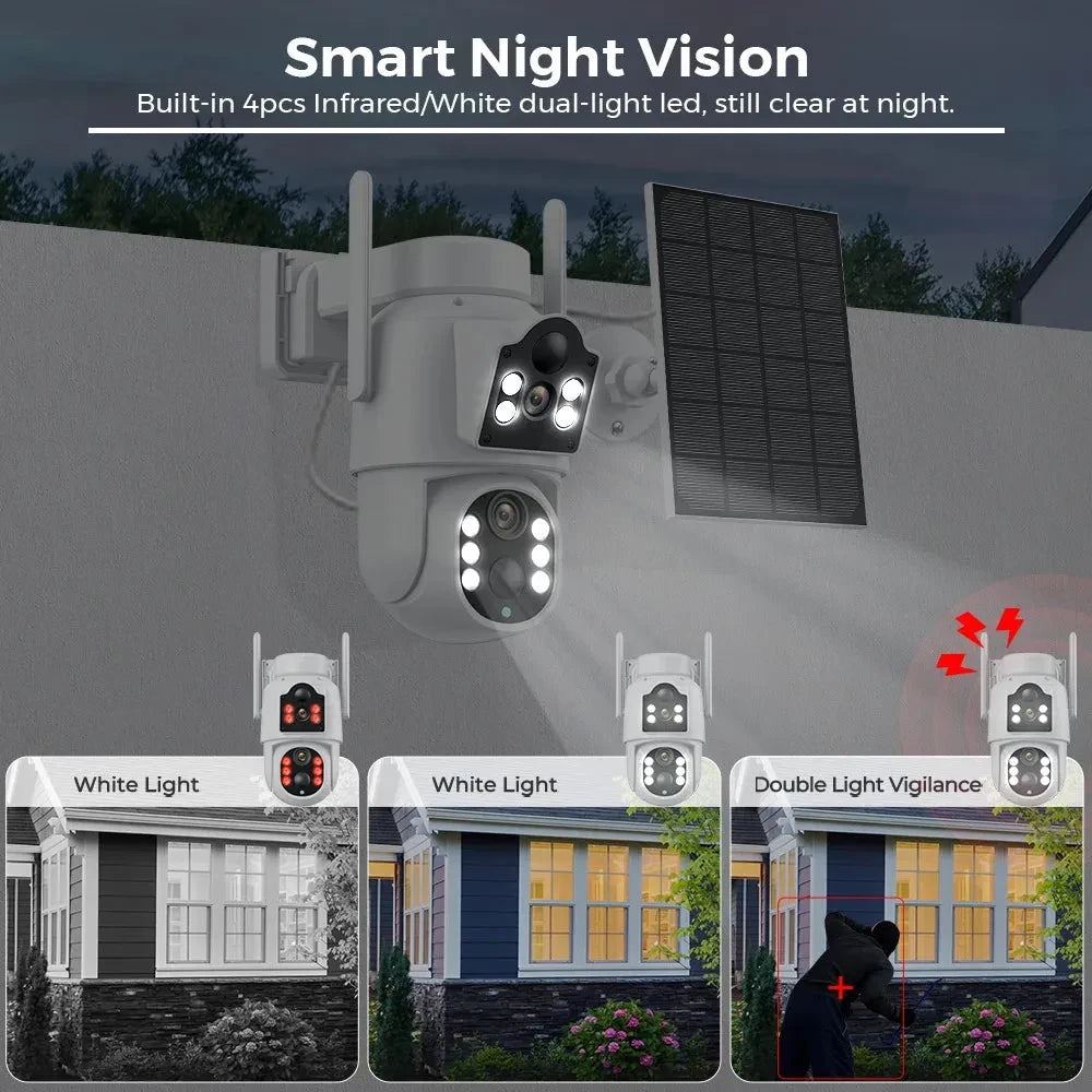 4MP Wireless Solar Camera Dual lens WiFi PTZ Camera Outdoor Built-in Battery Video Surveillance Camera Long Time Standby iCsee