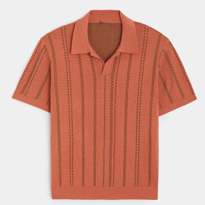 Casual Ice Silk Knitted Mens Polo Shirts Slim Fit Short Sleeve Turn-down Collar Knit Tops Summer Fashion Striped Knitting Tees