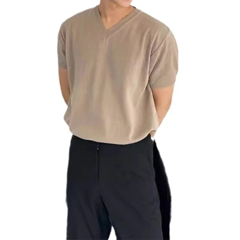 Streetwear Men Clothing Fashion V Neck T Shirts Knitted Short-sleeved Mens T-shirt Knitwear Summer Casual Solid Color Knit Tops