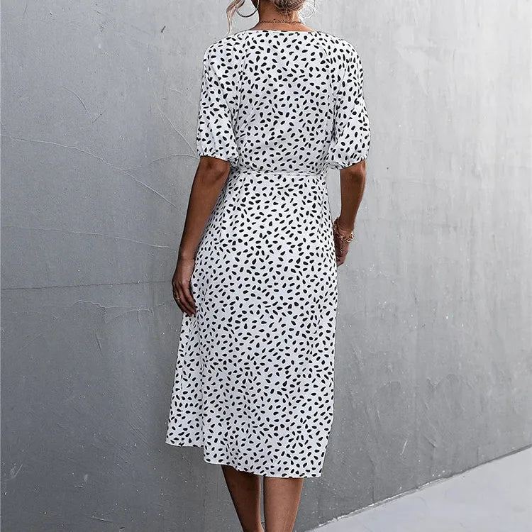 Casual Women Chiffon Dress V Neck Side Wrap Midi Dress Summer Polka Dot Dress Female Puff Sleeve Boho Fashion A-line Split Dress