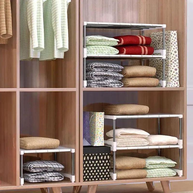Stackable Storage Rack Wardrobe Layered Partition Rack Closet Sorting Shelves Telescopic Sink Holder Wardrobe Clothing Organizer