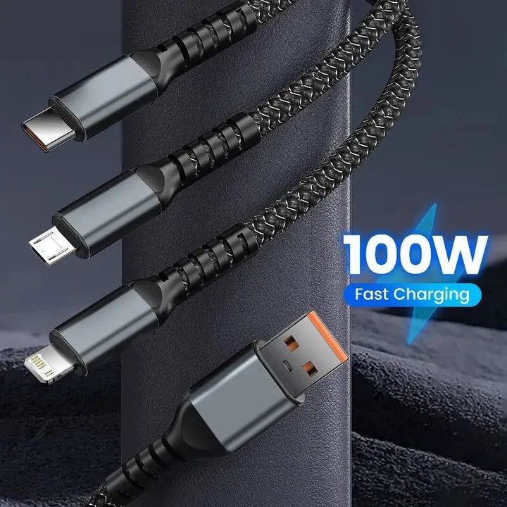 3-in-1 100W 5A Fast Charging USB To Type-C Micro Fast Charger Cable For iPhone 14 13 Samsung Xiaomi Huawei iPhone 14 13