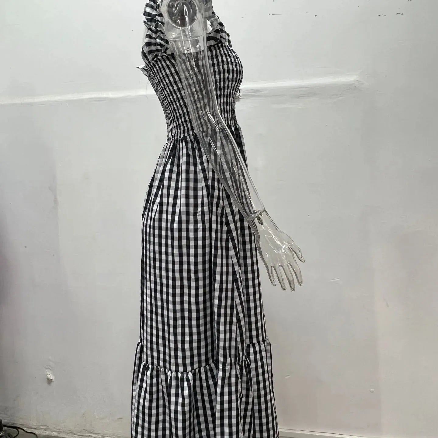 Summer fashion collage plaid suspender casual large hem dress