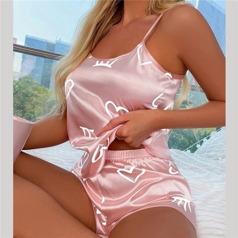 Pajama Set Women's 2 Pieces Sleepwear Silk Satin Cami Top & Shorts - Jointcorp