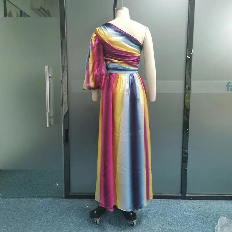Women Maxi Dress Fashion Colorful Striped One Shoulder