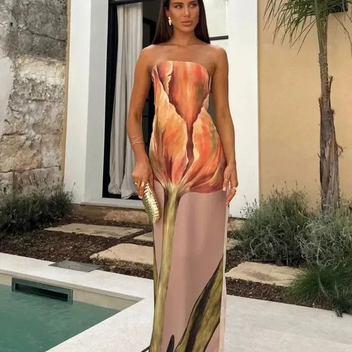 Fashion Strapless Printed Long Dress For Women Sexy Backless Sleeveless Bodycon Dresses New Summer Female Party Vacation Robes