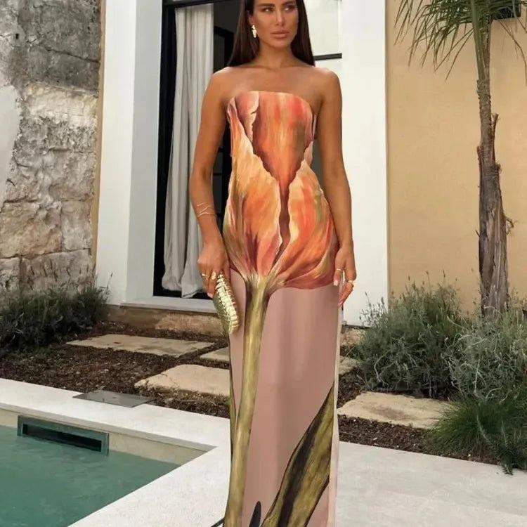 Fashion Strapless Printed Long Dress For Women Sexy Backless Sleeveless Bodycon Dresses New Summer Female Party Vacation Robes