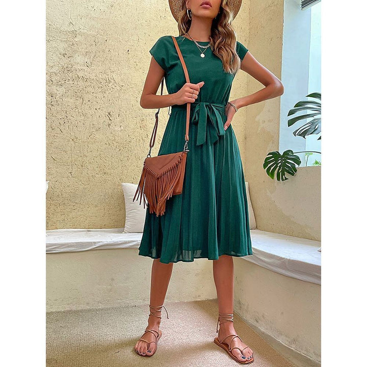 Dress for Women Summer Casual Beach Sundress Short Sleeve Pleated Midi Dress Soild Vintage dresses - Jointcorp