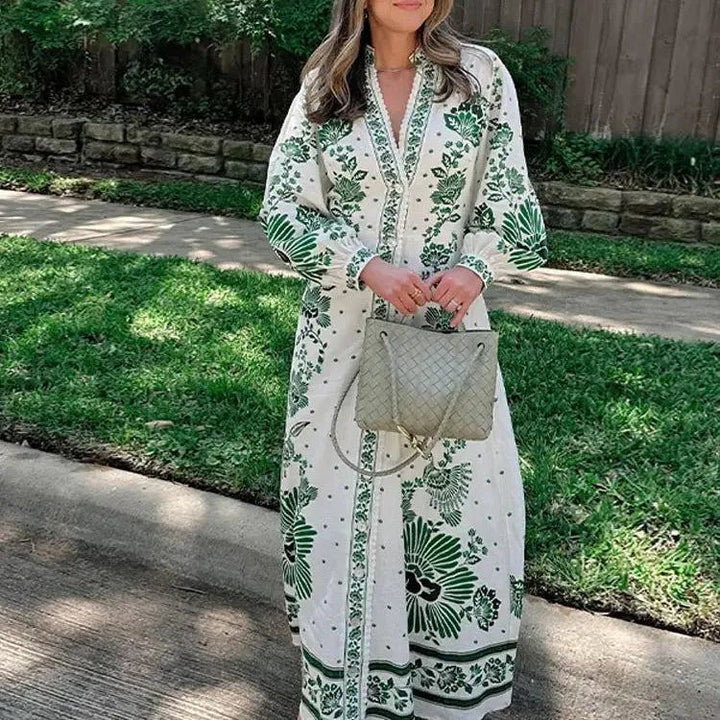 Chic Green Print Single Breast Maxi Dress Women Elegant Lapel Long Lantern Sleeves Long Robes 2024 New Beach Vocation Vestido