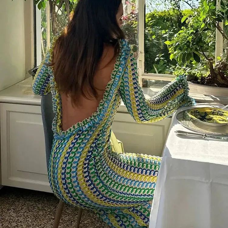 Women Elegant Contrast Stripe Backless Maxi Dress Female Casual O Neck Flare Long Sleeve Vestidos Lady Sexy Vacation Party Robe