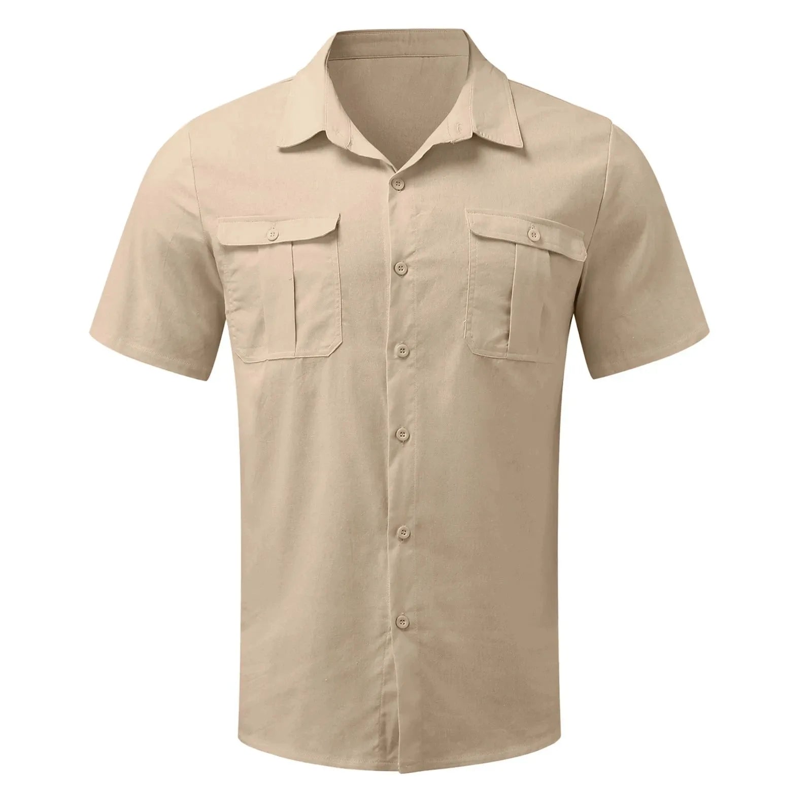 Cotton Linen Hot Sale Men Short-Sleeved Shirts Summer Solid Color Stand-Up Collar Casual Beach Style Plus SizeMale Shirts