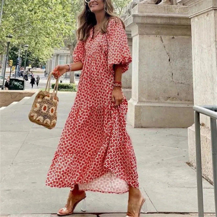 Women Summer 2024 Casual Floral Drawstring V-Neck Puff Sleeve Boho Maxi Dress Elegant Loose Holiday Beach Dresses Party Vestidos