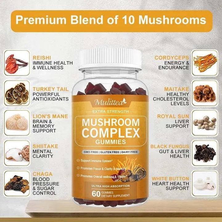 Mulittea High Absorption Mushroom Complex Supplements  with Lion's Mane Reishi Cordyceps Chaga Turkey Tail for Memory & Focus