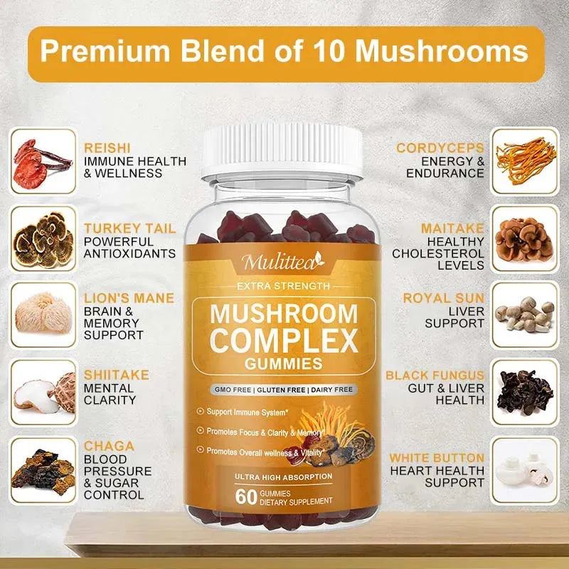 Mulittea High Absorption Mushroom Complex Supplements  with Lion's Mane Reishi Cordyceps Chaga Turkey Tail for Memory & Focus