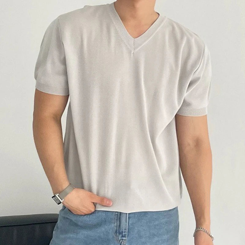 Streetwear Men Clothing Fashion V Neck T Shirts Knitted Short-sleeved Mens T-shirt Knitwear Summer Casual Solid Color Knit Tops