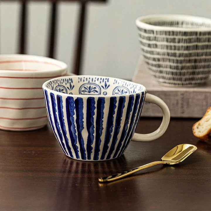 Japanese Style Irregular Hand-Painted Striped Ceramic Coffee Mug Large Capacity 400ml Drinkware Water Cup Oatmeal Cup Tea Cup
