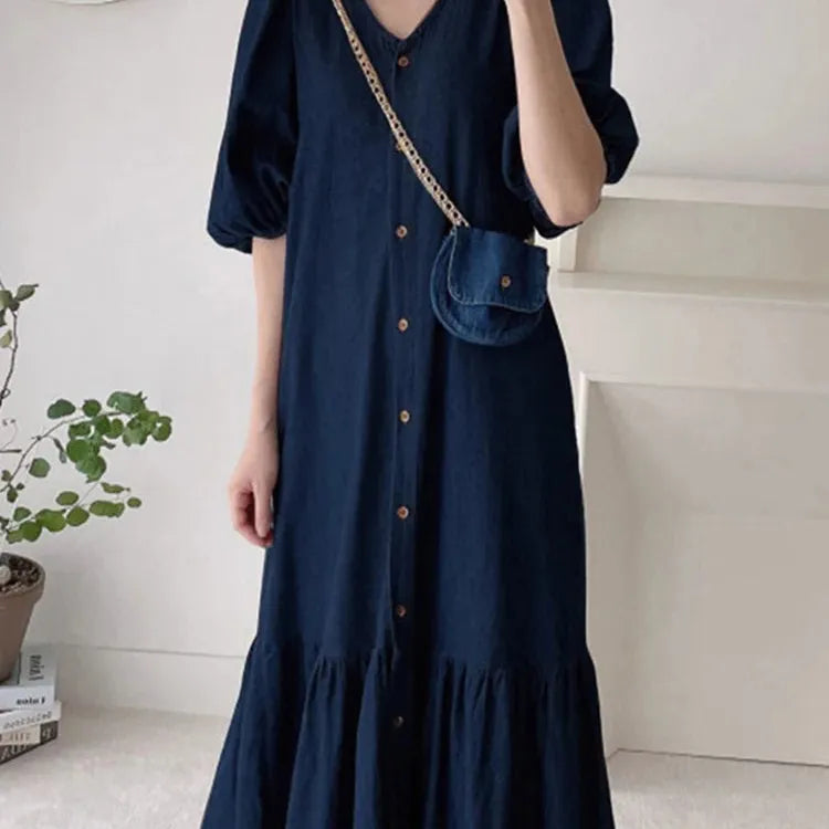 Women Denim Blue Robes Longue ZANZEA Oversized Fashion Summer Puff Sleeve Maxi Vestidos Retro Dress Casual Solid Baggy Sundress