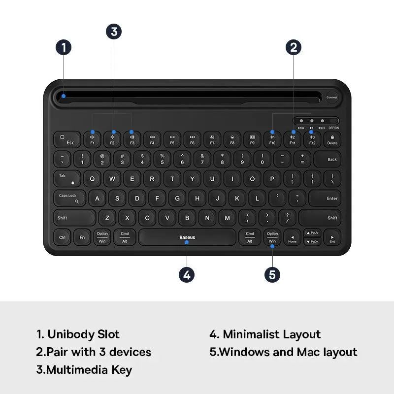 Baseus Wireless Keyboard for iPad K02 Ultrathin 3-Mode 10,000mAh Battery Recharging 78-Key Mini Protable Bluetooth 5.1 Keyboard
