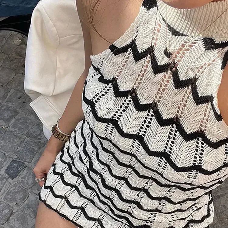 Women Fashion Striped Knitted Sleeveless Mini Dress Elegant Sleeveless High Waist A-line Skirt 2024 Holiday Beach Vestidos
