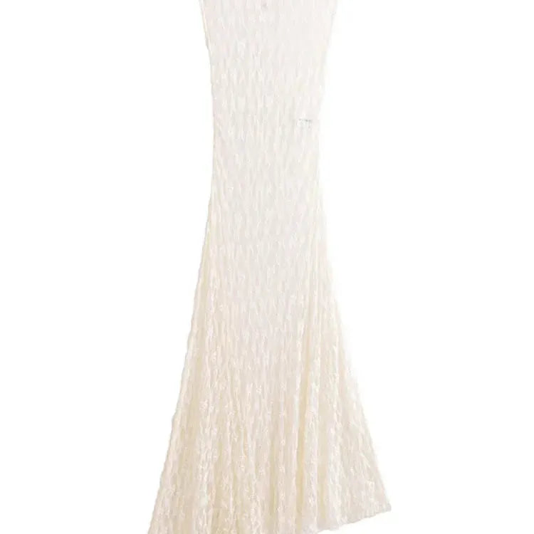 fashion Hollow Out See-through Lace Long Dress Elegant Irregular Hem O Neck Sleeveless Dresses Lady Chic Bodycon Party Vestido