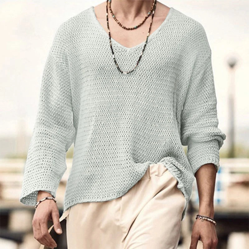 Summer Beach Casual Breathable Pullover Mens Knitting Long Sleeve V Neck Tops For Men Leisure Pure Color Hollow Out Knit T Shirt