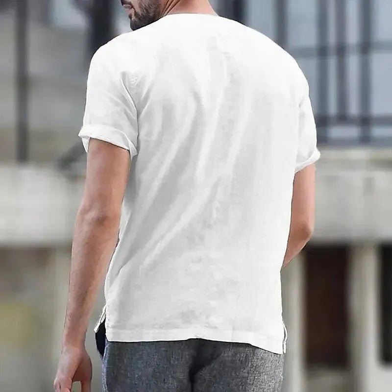Men's Short Sleeve Tshirt V neck 7 Buttons Button Cotton Linen Shirt Men's Casual Clothes Popular Tops for Men